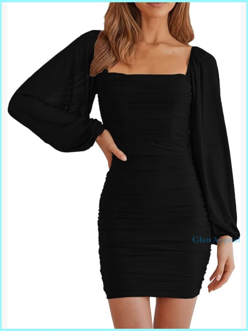 Long Sleeve Mesh Ruched Bodycon Mini Dress, Square Neck, Clubwear